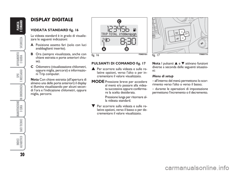 FIAT DUCATO 2008  Libretto Uso Manutenzione (in Italian) 20
SICUREZZA
AVVIAMENTO 
E GUIDA
SPIE
E MESSAGGI
IN EMERGENZA
MANUTENZIONE
E CURA 
DATI TECNICI
INDICE
ALFABETICO
PLANCIA
E COMANDI
DISPLAY DIGITALE 
VIDEATA STANDARD fig. 16
La videata standard è in