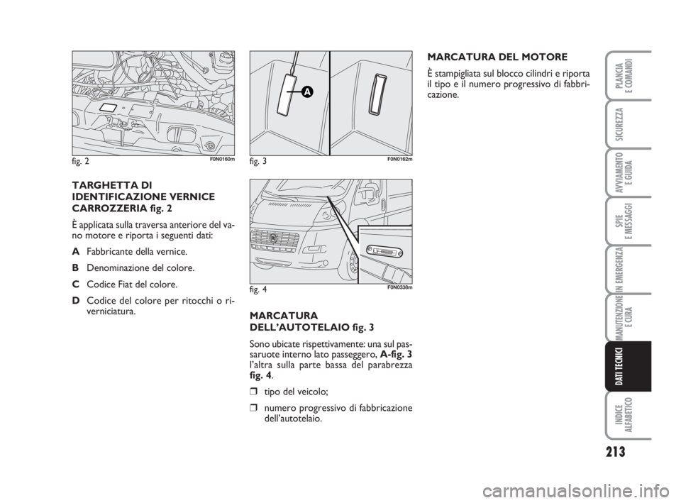 FIAT DUCATO 2008 Libretto Uso Manutenzione (in Italian) MARCATURA
DELL’AUTOTELAIO fig. 3
Sono ubicate rispettivamente: una sul pas-
saruote interno lato passeggero, A-fig. 3
l’altra sulla parte bassa del parabrezza
fig. 4.
❒tipo del veicolo;
❒nume FIAT DUCATO 2008 Libretto Uso Manutenzione (in Italian) MARCATURA
DELL’AUTOTELAIO fig. 3
Sono ubicate rispettivamente: una sul pas-
saruote interno lato passeggero, A-fig. 3
l’altra sulla parte bassa del parabrezza
fig. 4.
❒tipo del veicolo;
❒nume