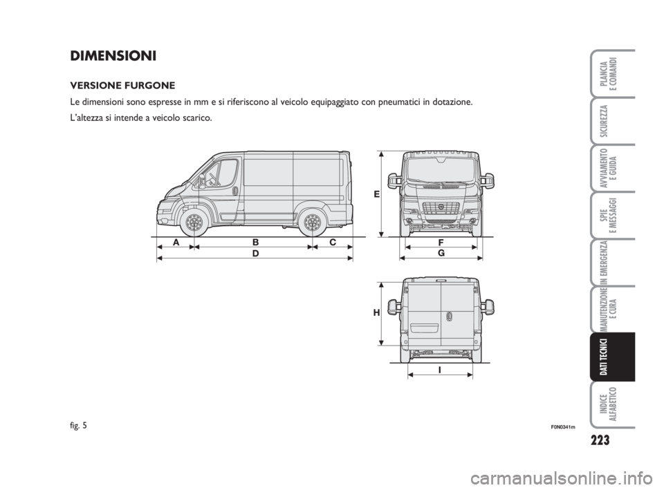 FIAT DUCATO 2008 Libretto Uso Manutenzione (in Italian) 223
SPIE
E MESSAGGI
INDICE
ALFABETICO
PLANCIA
E COMANDI
SICUREZZA
AVVIAMENTO
E GUIDA
IN EMERGENZA
MANUTENZIONE
E CURA
DATI TECNICI
DIMENSIONI
VERSIONE FURGONE
Le dimensioni sono espresse in mm e si r FIAT DUCATO 2008 Libretto Uso Manutenzione (in Italian) 223
SPIE
E MESSAGGI
INDICE
ALFABETICO
PLANCIA
E COMANDI
SICUREZZA
AVVIAMENTO
E GUIDA
IN EMERGENZA
MANUTENZIONE
E CURA
DATI TECNICI
DIMENSIONI
VERSIONE FURGONE
Le dimensioni sono espresse in mm e si r