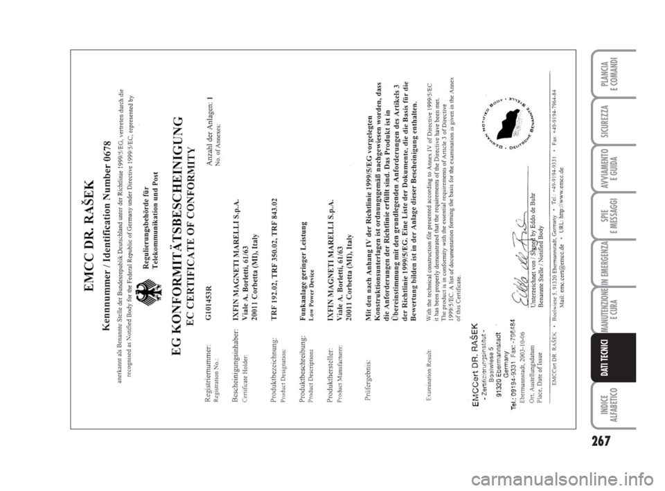 FIAT DUCATO 2008 Libretto Uso Manutenzione (in Italian) 267
SPIE
E MESSAGGI
INDICE
ALFABETICO
PLANCIA
E COMANDI
SICUREZZA
AVVIAMENTO
E GUIDA
IN EMERGENZA
MANUTENZIONE
E CURA
DATI TECNICI
211-269 Ducato IT 6-11-2007 9:18 Pagina 267 FIAT DUCATO 2008 Libretto Uso Manutenzione (in Italian) 267
SPIE
E MESSAGGI
INDICE
ALFABETICO
PLANCIA
E COMANDI
SICUREZZA
AVVIAMENTO
E GUIDA
IN EMERGENZA
MANUTENZIONE
E CURA
DATI TECNICI
211-269 Ducato IT 6-11-2007 9:18 Pagina 267