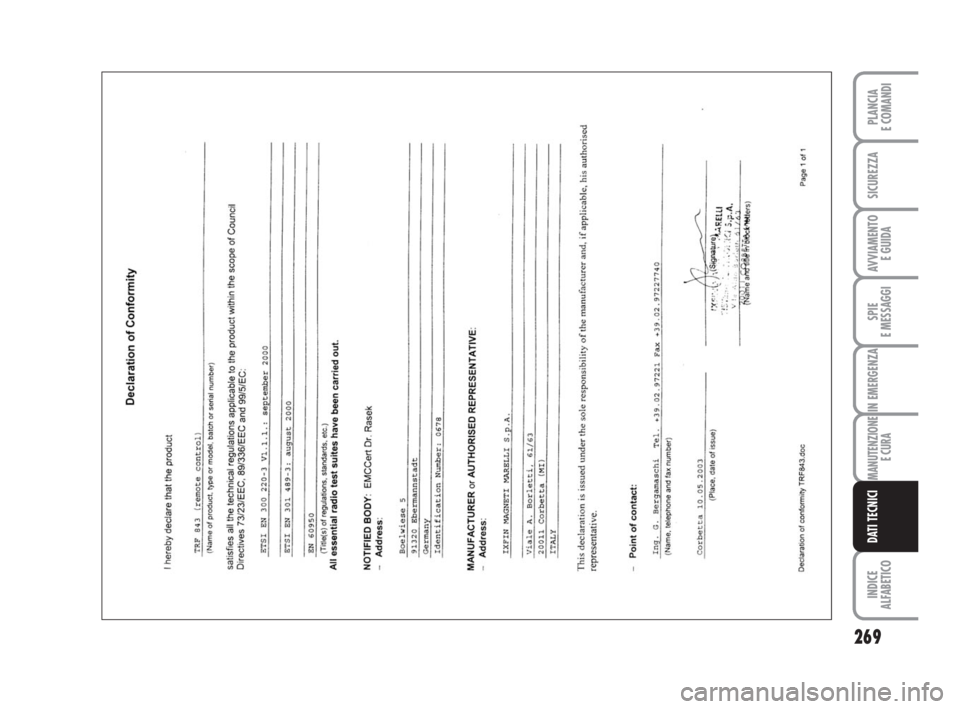 FIAT DUCATO 2008 Libretto Uso Manutenzione (in Italian) 269
SPIE
E MESSAGGI
INDICE
ALFABETICO
PLANCIA
E COMANDI
SICUREZZA
AVVIAMENTO
E GUIDA
IN EMERGENZA
MANUTENZIONE
E CURA
DATI TECNICI
211-269 Ducato IT 6-11-2007 9:18 Pagina 269 FIAT DUCATO 2008 Libretto Uso Manutenzione (in Italian) 269
SPIE
E MESSAGGI
INDICE
ALFABETICO
PLANCIA
E COMANDI
SICUREZZA
AVVIAMENTO
E GUIDA
IN EMERGENZA
MANUTENZIONE
E CURA
DATI TECNICI
211-269 Ducato IT 6-11-2007 9:18 Pagina 269