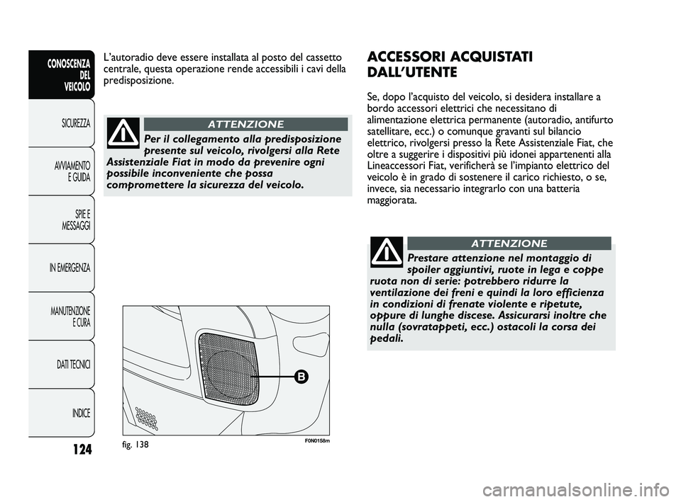 FIAT DUCATO 2010  Libretto Uso Manutenzione (in Italian) 124
CONOSCENZA
DEL 
VEICOLO
SICUREZZA
AVVIAMENTO
E GUIDA
SPIE E
MESSAGGI
IN EMERGENZA
MANUTENZIONE
E CURA
DATI TECNICI
INDICE
F0N0158mfig. 138
ACCESSORI ACQUISTATI
DALL’UTENTE
Se, dopo l’acquisto 