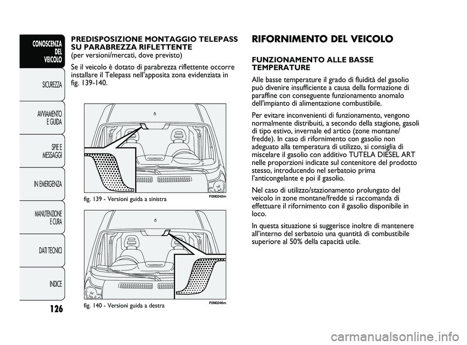 FIAT DUCATO 2009 Libretto Uso Manutenzione (in Italian) 126
CONOSCENZA
DEL
VEICOLO
SICUREZZA
AVVIAMENTO
E GUIDA
SPIE E
MESSAGGI
IN EMERGENZA
MANUTENZIONE
E CURA
DATI TECNICI
INDICE
F0N0246mfig. 140 - Versioni guida a destra
F0N0245mfig. 139 - Versioni gui FIAT DUCATO 2009 Libretto Uso Manutenzione (in Italian) 126
CONOSCENZA
DEL
VEICOLO
SICUREZZA
AVVIAMENTO
E GUIDA
SPIE E
MESSAGGI
IN EMERGENZA
MANUTENZIONE
E CURA
DATI TECNICI
INDICE
F0N0246mfig. 140 - Versioni guida a destra
F0N0245mfig. 139 - Versioni gui
