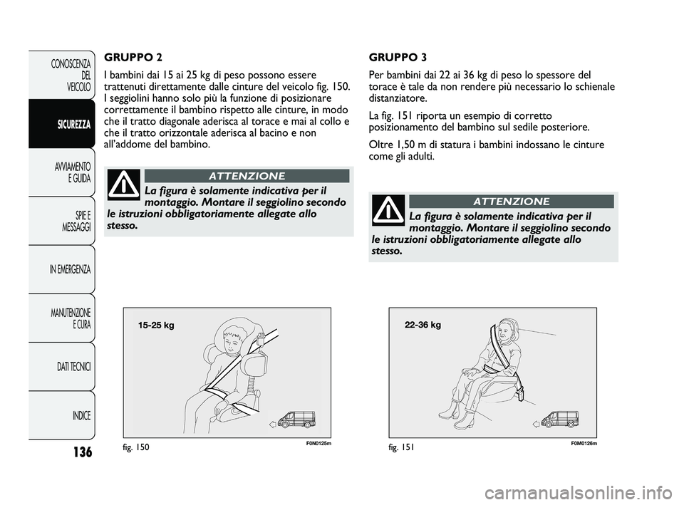 FIAT DUCATO 2009 Libretto Uso Manutenzione (in Italian) 136
CONOSCENZA
DEL
VEICOLO
SICUREZZA
AVVIAMENTO
E GUIDA
SPIE E
MESSAGGI
IN EMERGENZA
MANUTENZIONE
E CURA
DATI TECNICI
INDICE
F0N0125mfig. 150F0M0126mfig. 151
GRUPPO 3
Per bambini dai 22 ai 36 kg di p FIAT DUCATO 2009 Libretto Uso Manutenzione (in Italian) 136
CONOSCENZA
DEL
VEICOLO
SICUREZZA
AVVIAMENTO
E GUIDA
SPIE E
MESSAGGI
IN EMERGENZA
MANUTENZIONE
E CURA
DATI TECNICI
INDICE
F0N0125mfig. 150F0M0126mfig. 151
GRUPPO 3
Per bambini dai 22 ai 36 kg di p