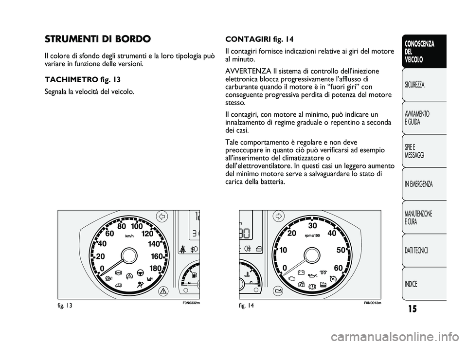 FIAT DUCATO 2009 Libretto Uso Manutenzione (in Italian) 15
CONOSCENZA
DEL
VEICOLO
SICUREZZA
AVVIAMENTO
E GUIDA
SPIE E
MESSAGGI
IN EMERGENZA
MANUTENZIONE
E CURA
DATI TECNICI
INDICE
F0N0332mfig. 13F0N0013mfig. 14
CONTAGIRI fig. 14
Il contagiri fornisce indi FIAT DUCATO 2009 Libretto Uso Manutenzione (in Italian) 15
CONOSCENZA
DEL
VEICOLO
SICUREZZA
AVVIAMENTO
E GUIDA
SPIE E
MESSAGGI
IN EMERGENZA
MANUTENZIONE
E CURA
DATI TECNICI
INDICE
F0N0332mfig. 13F0N0013mfig. 14
CONTAGIRI fig. 14
Il contagiri fornisce indi