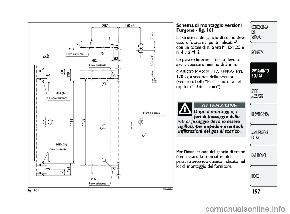 FIAT DUCATO 2009 Libretto Uso Manutenzione (in Italian) 157
CONOSCENZA
DEL
VEICOLO
SICUREZZA
AVVIAMENTO
E GUIDA
SPIE E
MESSAGGI
IN EMERGENZA
MANUTENZIONE
E CURA
DATI TECNICI
INDICE
Schema di montaggio versioni
Furgone - fig. 161
La struttura del gancio di FIAT DUCATO 2009 Libretto Uso Manutenzione (in Italian) 157
CONOSCENZA
DEL
VEICOLO
SICUREZZA
AVVIAMENTO
E GUIDA
SPIE E
MESSAGGI
IN EMERGENZA
MANUTENZIONE
E CURA
DATI TECNICI
INDICE
Schema di montaggio versioni
Furgone - fig. 161
La struttura del gancio di