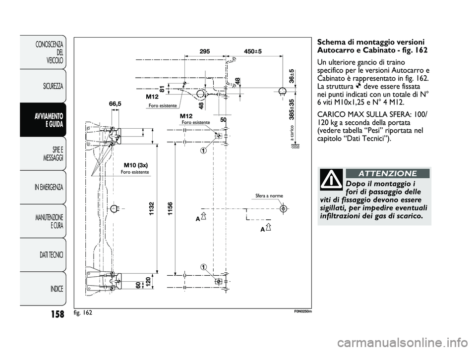 FIAT DUCATO 2009 Libretto Uso Manutenzione (in Italian) 158
CONOSCENZA
DEL
VEICOLO
SICUREZZA
AVVIAMENTO
E GUIDA
SPIE E
MESSAGGI
IN EMERGENZA
MANUTENZIONE
E CURA
DATI TECNICI
INDICE
Schema di montaggio versioni
Autocarro e Cabinato - fig. 162
Un ulteriore FIAT DUCATO 2009 Libretto Uso Manutenzione (in Italian) 158
CONOSCENZA
DEL
VEICOLO
SICUREZZA
AVVIAMENTO
E GUIDA
SPIE E
MESSAGGI
IN EMERGENZA
MANUTENZIONE
E CURA
DATI TECNICI
INDICE
Schema di montaggio versioni
Autocarro e Cabinato - fig. 162
Un ulteriore