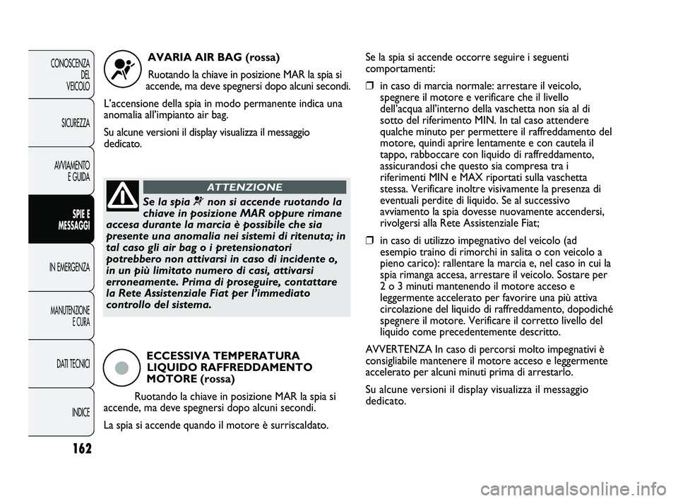 FIAT DUCATO 2009  Libretto Uso Manutenzione (in Italian) 162
CONOSCENZA
DEL 
VEICOLO
SICUREZZA
AVVIAMENTO
E GUIDA
SPIE E
MESSAGGI
IN EMERGENZA
MANUTENZIONE
E CURA
DATI TECNICI
INDICE
AVARIA AIR BAG (rossa)
Ruotando la chiave in posizione MAR la spia si
acce