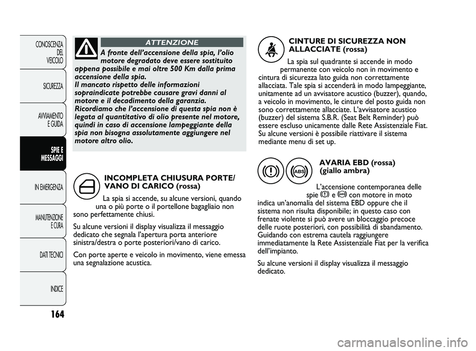 FIAT DUCATO 2009  Libretto Uso Manutenzione (in Italian) 164
CONOSCENZA
DEL 
VEICOLO
SICUREZZA
AVVIAMENTO
E GUIDA
SPIE E
MESSAGGI
IN EMERGENZA
MANUTENZIONE
E CURA
DATI TECNICI
INDICE
INCOMPLETA CHIUSURA PORTE/
VANO DI CARICO (rossa)
La spia si accende, su a