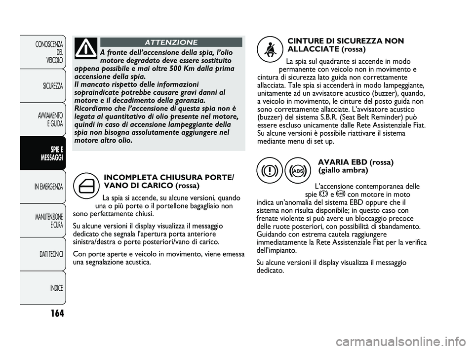 FIAT DUCATO 2010  Libretto Uso Manutenzione (in Italian) 164
CONOSCENZA
DEL 
VEICOLO
SICUREZZA
AVVIAMENTO
E GUIDA
SPIE E
MESSAGGI
IN EMERGENZA
MANUTENZIONE
E CURA
DATI TECNICI
INDICE
INCOMPLETA CHIUSURA PORTE/
VANO DI CARICO (rossa)
La spia si accende, su a