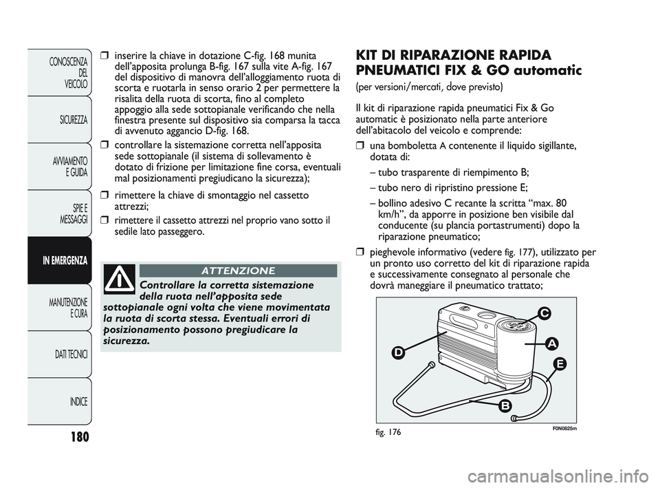 FIAT DUCATO 2009 Libretto Uso Manutenzione (in Italian) 180
CONOSCENZA
DEL
VEICOLO
SICUREZZA
AVVIAMENTO
E GUIDA
SPIE E
MESSAGGI
IN EMERGENZA
MANUTENZIONE
E CURA
DATI TECNICI
INDICEE
F0N0825mfig. 176
KIT DI RIPARAZIONE RAPIDA
PNEUMATICI FIX & GO automatic
( FIAT DUCATO 2009 Libretto Uso Manutenzione (in Italian) 180
CONOSCENZA
DEL
VEICOLO
SICUREZZA
AVVIAMENTO
E GUIDA
SPIE E
MESSAGGI
IN EMERGENZA
MANUTENZIONE
E CURA
DATI TECNICI
INDICEE
F0N0825mfig. 176
KIT DI RIPARAZIONE RAPIDA
PNEUMATICI FIX & GO automatic
(