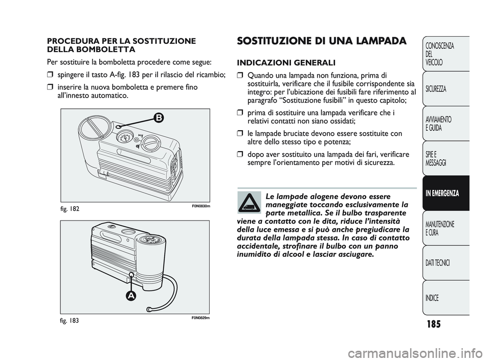 FIAT DUCATO 2009  Libretto Uso Manutenzione (in Italian) 185
CONOSCENZA
DEL 
VEICOLO
SICUREZZA
AVVIAMENTO
E GUIDA
SPIE E
MESSAGGI
IN EMERGENZA
MANUTENZIONE
E CURA
DATI TECNICI
INDICE
B
F0N0830mfig. 182
F0N0829mfig. 183
SOSTITUZIONE DI UNA LAMPADA
INDICAZION