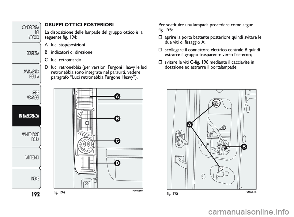 FIAT DUCATO 2010  Libretto Uso Manutenzione (in Italian) GRUPPI OTTICI POSTERIORI
La disposizione delle lampade del gruppo ottico è la
seguente fig. 194:
A luci stop/posizioni
B indicatori di direzione 
C luci retromarcia
D luci retronebbia (per versioni F