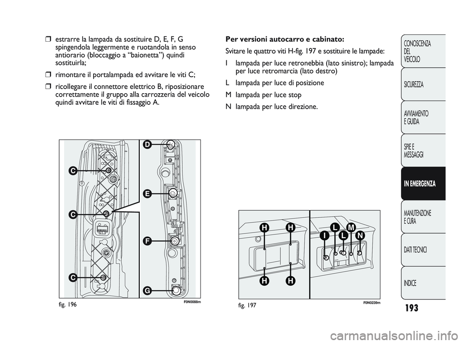FIAT DUCATO 2009 Libretto Uso Manutenzione (in Italian) 193
CONOSCENZA
DEL
VEICOLO
SICUREZZA
AVVIAMENTO
E GUIDA
SPIE E
MESSAGGI
IN EMERGENZA
MANUTENZIONE
E CURA
DATI TECNICI
INDICE
F0N0088mfig. 196
❒estrarre la lampada da sostituire D, E, F, G
spingendo FIAT DUCATO 2009 Libretto Uso Manutenzione (in Italian) 193
CONOSCENZA
DEL
VEICOLO
SICUREZZA
AVVIAMENTO
E GUIDA
SPIE E
MESSAGGI
IN EMERGENZA
MANUTENZIONE
E CURA
DATI TECNICI
INDICE
F0N0088mfig. 196
❒estrarre la lampada da sostituire D, E, F, G
spingendo