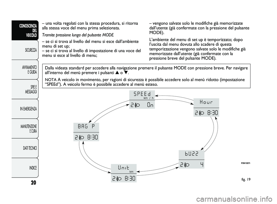 FIAT DUCATO 2010 Libretto Uso Manutenzione (in Italian) 20
CONOSCENZA
DEL
VEICOLO
SICUREZZA
AVVIAMENTO
E GUIDA
SPIE E
MESSAGGI
IN EMERGENZA
MANUTENZIONE
E CURA
DATI TECNICI
INDICE
Dalla videata standard per accedere alla navigazione premere il pulsante MO FIAT DUCATO 2010 Libretto Uso Manutenzione (in Italian) 20
CONOSCENZA
DEL
VEICOLO
SICUREZZA
AVVIAMENTO
E GUIDA
SPIE E
MESSAGGI
IN EMERGENZA
MANUTENZIONE
E CURA
DATI TECNICI
INDICE
Dalla videata standard per accedere alla navigazione premere il pulsante MO