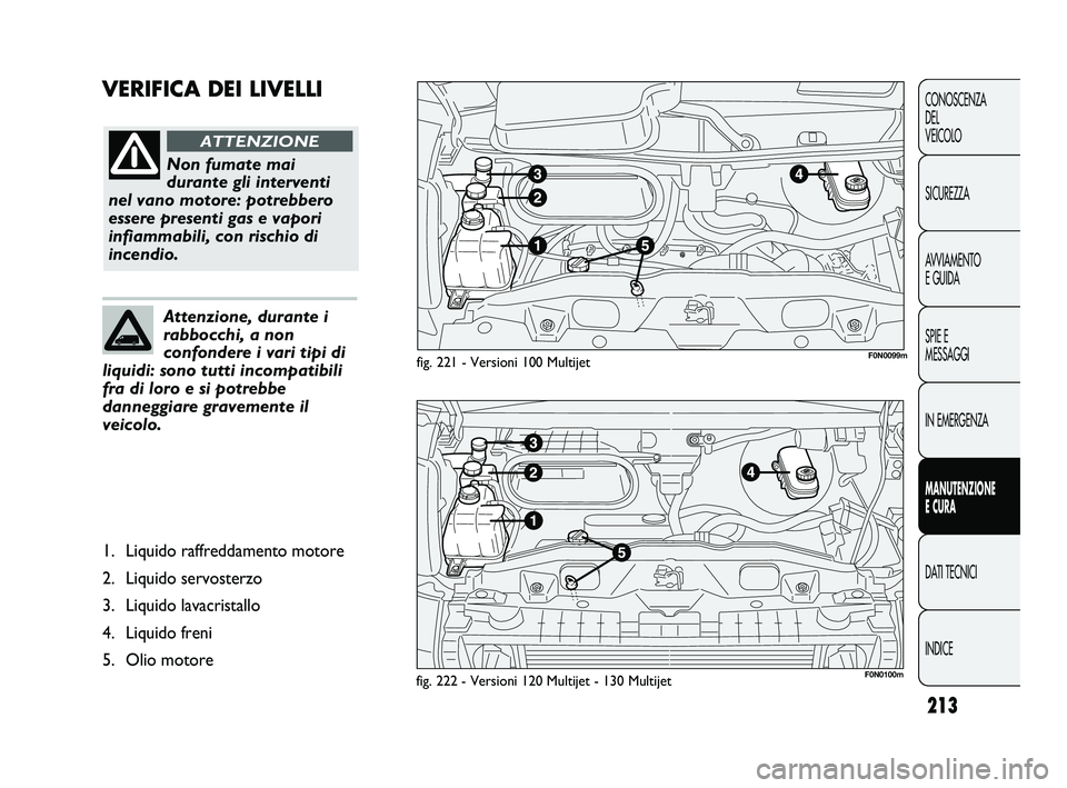 FIAT DUCATO 2009  Libretto Uso Manutenzione (in Italian) 213
CONOSCENZA
DEL 
VEICOLO
SICUREZZA
AVVIAMENTO
E GUIDA
SPIE E
MESSAGGI
IN EMERGENZA
MANUTENZIONE
E CURA
DATI TECNICI
INDICE
VERIFICA DEI LIVELLI
fig. 221 - Versioni 100 Multijet
fig. 222 - Versioni 