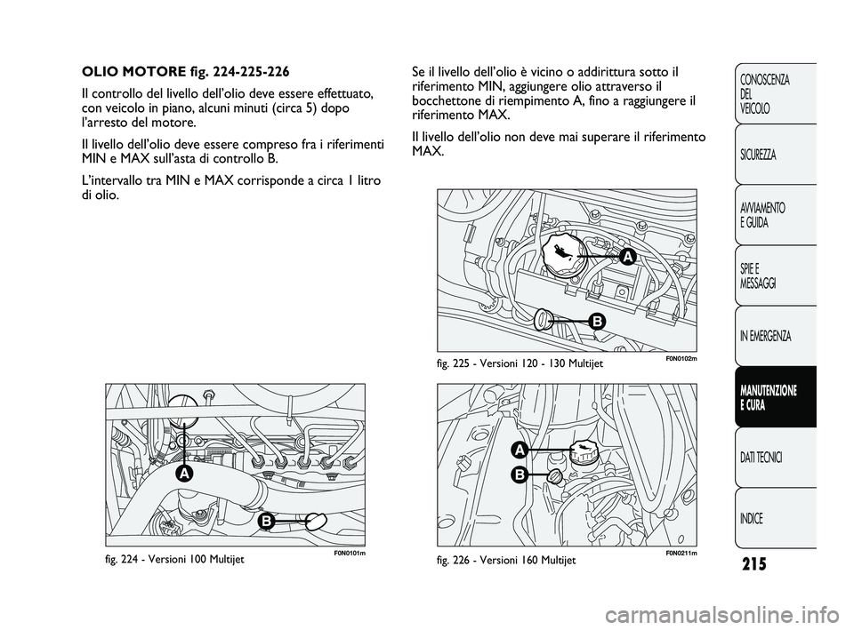 FIAT DUCATO 2009  Libretto Uso Manutenzione (in Italian) 215
CONOSCENZA
DEL 
VEICOLO
SICUREZZA
AVVIAMENTO
E GUIDA
SPIE E
MESSAGGI
IN EMERGENZA
MANUTENZIONE
E CURA
DATI TECNICI
INDICE
F0N0101mfig. 224 - Versioni 100 MultijetF0N0211mfig. 226 - Versioni 160 Mu