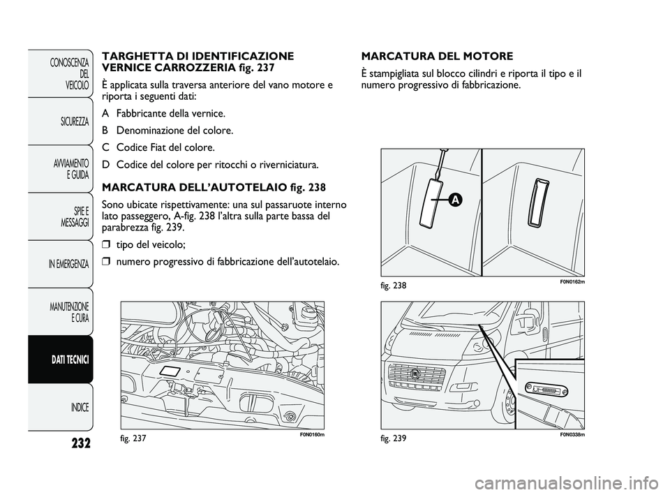 FIAT DUCATO 2009  Libretto Uso Manutenzione (in Italian) 232
CONOSCENZA
DEL 
VEICOLO
SICUREZZA
AVVIAMENTO
E GUIDA
SPIE E
MESSAGGI
IN EMERGENZA
MANUTENZIONE
E CURA
DATI TECNICI
INDICE
F0N0160mfig. 237F0N0338mfig. 239
F0N0162mfig. 238
MARCATURA DEL MOTORE
È 