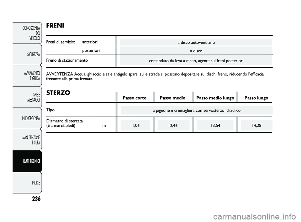 FIAT DUCATO 2010  Libretto Uso Manutenzione (in Italian) a disco autoventilanti
a disco
comandato da leva a mano, agente sui freni posteriori
236
CONOSCENZA
DEL 
VEICOLO
SICUREZZA
AVVIAMENTO
E GUIDA
SPIE E
MESSAGGI
IN EMERGENZA
MANUTENZIONE
E CURA
DATI TECN