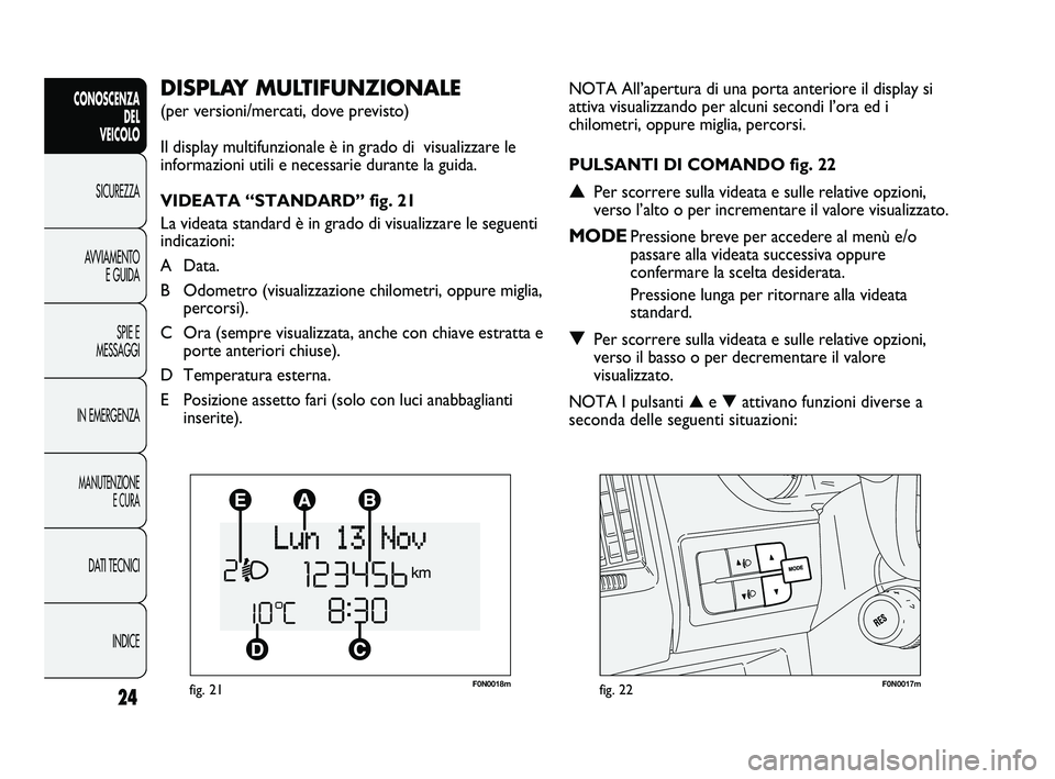 FIAT DUCATO 2010  Libretto Uso Manutenzione (in Italian) F0N0018mfig. 21F0N0017mfig. 22
NOTA All’apertura di una porta anteriore il display si
attiva visualizzando per alcuni secondi l’ora ed i
chilometri, oppure miglia, percorsi.
PULSANTI DI COMANDO fi