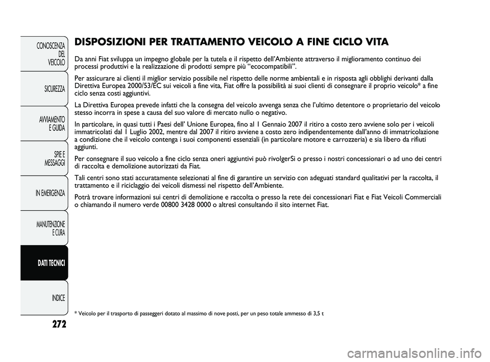 FIAT DUCATO 2010  Libretto Uso Manutenzione (in Italian) 272
CONOSCENZA
DEL 
VEICOLO
SICUREZZA
AVVIAMENTO
E GUIDA
SPIE E
MESSAGGI
IN EMERGENZA
MANUTENZIONE
E CURA
DATI TECNICI
INDICE
DISPOSIZIONI PER TRATTAMENTO VEICOLO A FINE CICLO VITA
Da anni Fiat svilup