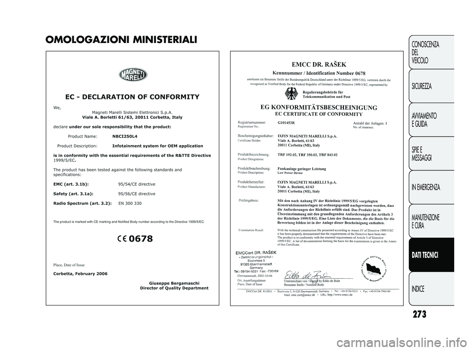 FIAT DUCATO 2010  Libretto Uso Manutenzione (in Italian) 273
CONOSCENZA
DEL 
VEICOLO
SICUREZZA
AVVIAMENTO
E GUIDA
SPIE E
MESSAGGI
IN EMERGENZA
MANUTENZIONE
E CURA
DATI TECNICI
INDICE
OMOLOGAZIONI MINISTERIALI
231-276 DUCATO LUM I 9ed  15-04-2011  8:52  Pagi