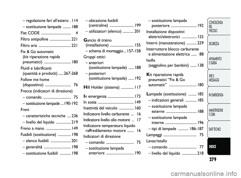 FIAT DUCATO 2009  Libretto Uso Manutenzione (in Italian) 279
CONOSCENZA
DEL 
VEICOLO
SICUREZZA
AVVIAMENTO
E GUIDA
SPIE E
MESSAGGI
IN EMERGENZA
MANUTENZIONE
E CURA
DATI TECNICI
INDICE
– ubicazione fusibili 
(centraline) ..........................199
– ut