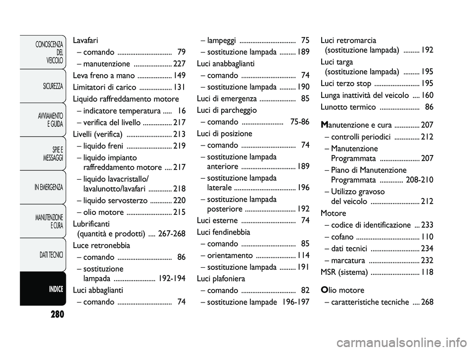 FIAT DUCATO 2010  Libretto Uso Manutenzione (in Italian) 280
CONOSCENZA
DEL 
VEICOLO
SICUREZZA
AVVIAMENTO
E GUIDA
SPIE E
MESSAGGI
IN EMERGENZA
MANUTENZIONE
E CURA
DATI TECNICI
INDICE
Lavafari
– comando .............................. 79
– manutenzione ..