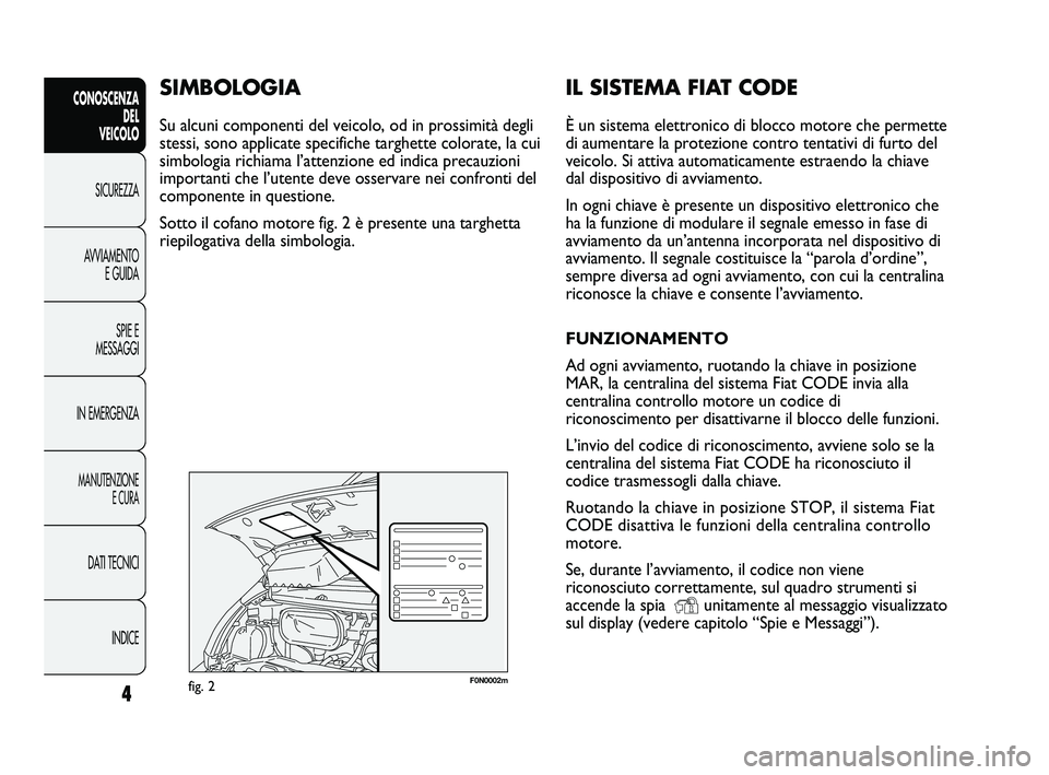 FIAT DUCATO 2010  Libretto Uso Manutenzione (in Italian) 4
CONOSCENZA
DEL 
VEICOLO
SICUREZZA
AVVIAMENTO
E GUIDA
SPIE E
MESSAGGI
IN EMERGENZA
MANUTENZIONE
E CURA
DATI TECNICI
INDICE
F0N0002mfig. 2
IL SISTEMA FIAT CODE
È un sistema elettronico di blocco moto