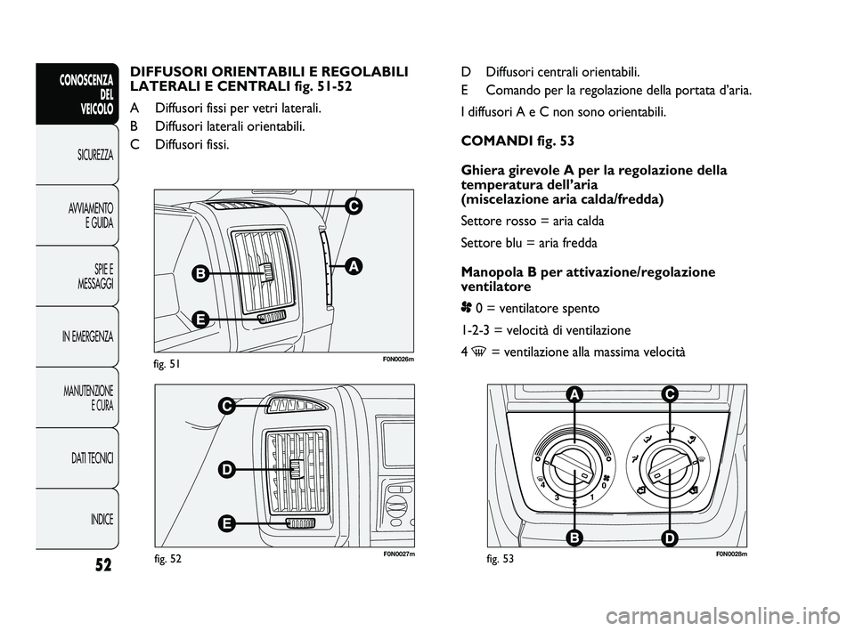 FIAT DUCATO 2010  Libretto Uso Manutenzione (in Italian) F0N0026mfig. 51
F0N0027mfig. 52F0N0028mfig. 53
D Diffusori centrali orientabili.
E Comando per la regolazione della portata d’aria.
I diffusori A e C non sono orientabili.
COMANDI fig. 53
Ghiera gir