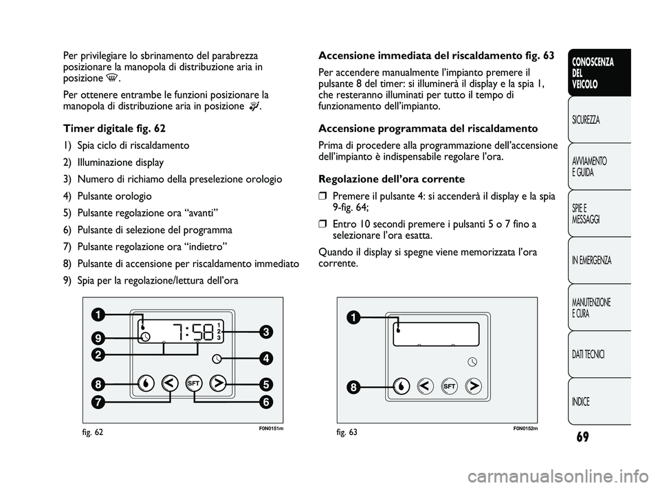 FIAT DUCATO 2009 Libretto Uso Manutenzione (in Italian) 69
CONOSCENZA
DEL
VEICOLO
SICUREZZA
AVVIAMENTO
E GUIDA
SPIE E
MESSAGGI
IN EMERGENZA
MANUTENZIONE
E CURA
DATI TECNICI
INDICE
F0N0151mfig. 62
Per privilegiare lo sbrinamento del parabrezza
posizionare l FIAT DUCATO 2009 Libretto Uso Manutenzione (in Italian) 69
CONOSCENZA
DEL
VEICOLO
SICUREZZA
AVVIAMENTO
E GUIDA
SPIE E
MESSAGGI
IN EMERGENZA
MANUTENZIONE
E CURA
DATI TECNICI
INDICE
F0N0151mfig. 62
Per privilegiare lo sbrinamento del parabrezza
posizionare l