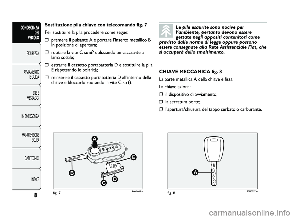 FIAT DUCATO 2010 Libretto Uso Manutenzione (in Italian) F0N0802mfig. 7F0N0337mfig. 8
CHIAVE MECCANICA fig. 8
La parte metallica A della chiave è fissa.
La chiave aziona:
❒il dispositivo di avviamento;
❒la serratura porte;
❒l’apertura/chiusura del FIAT DUCATO 2010 Libretto Uso Manutenzione (in Italian) F0N0802mfig. 7F0N0337mfig. 8
CHIAVE MECCANICA fig. 8
La parte metallica A della chiave è fissa.
La chiave aziona:
❒il dispositivo di avviamento;
❒la serratura porte;
❒l’apertura/chiusura del