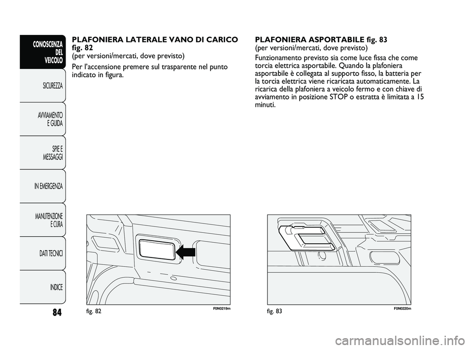 FIAT DUCATO 2010  Libretto Uso Manutenzione (in Italian) 84
CONOSCENZA
DEL 
VEICOLO
SICUREZZA
AVVIAMENTO
E GUIDA
SPIE E
MESSAGGI
IN EMERGENZA
MANUTENZIONE
E CURA
DATI TECNICI
INDICE
F0N0220mfig. 83F0N0219mfig. 82
PLAFONIERA ASPORTABILE fig. 83
(per versioni