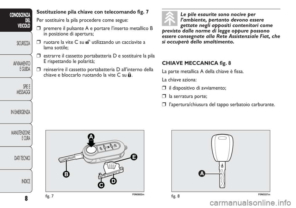 FIAT DUCATO 2011 Libretto Uso Manutenzione (in Italian) F0N0802mfig. 7F0N0337mfig. 8
CHIAVE MECCANICA fig. 8
La parte metallica A della chiave è fissa.
La chiave aziona:
❒il dispositivo di avviamento;
❒la serratura porte;
❒l’apertura/chiusura del FIAT DUCATO 2011 Libretto Uso Manutenzione (in Italian) F0N0802mfig. 7F0N0337mfig. 8
CHIAVE MECCANICA fig. 8
La parte metallica A della chiave è fissa.
La chiave aziona:
❒il dispositivo di avviamento;
❒la serratura porte;
❒l’apertura/chiusura del
