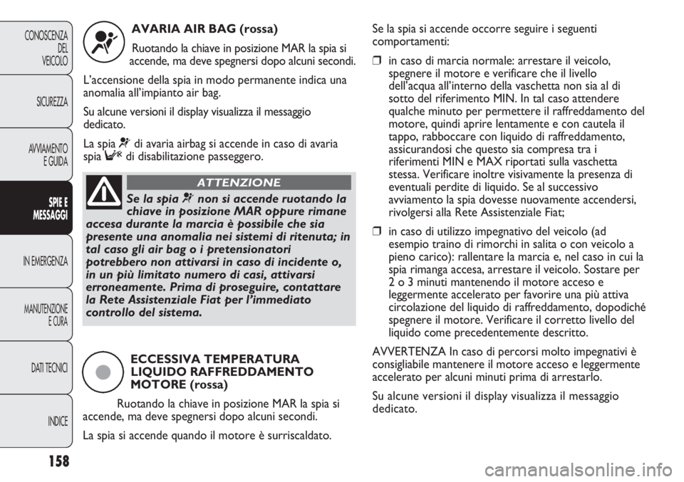 FIAT DUCATO 2011 Libretto Uso Manutenzione (in Italian) 158
CONOSCENZA
DEL
VEICOLO
SICUREZZA
AVVIAMENTO
E GUIDA
SPIE E
MESSAGGI
IN EMERGENZA
MANUTENZIONE
E CURA
DATI TECNICI
INDICE
AVARIA AIR BAG (rossa)
Ruotando la chiave in posizione MAR la spia si
accen FIAT DUCATO 2011 Libretto Uso Manutenzione (in Italian) 158
CONOSCENZA
DEL
VEICOLO
SICUREZZA
AVVIAMENTO
E GUIDA
SPIE E
MESSAGGI
IN EMERGENZA
MANUTENZIONE
E CURA
DATI TECNICI
INDICE
AVARIA AIR BAG (rossa)
Ruotando la chiave in posizione MAR la spia si
accen