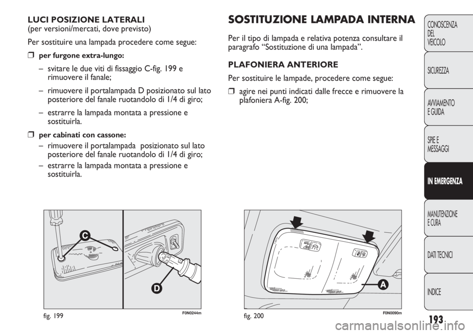 FIAT DUCATO 2011 Libretto Uso Manutenzione (in Italian) 193
CONOSCENZA
DEL
VEICOLO
SICUREZZA
AVVIAMENTO
E GUIDA
SPIE E
MESSAGGI
IN EMERGENZA
MANUTENZIONE
E CURA
DATI TECNICI
INDICE
F0N0244mfig. 199
SOSTITUZIONE LAMPADA INTERNA
Per il tipo di lampada e rela FIAT DUCATO 2011 Libretto Uso Manutenzione (in Italian) 193
CONOSCENZA
DEL
VEICOLO
SICUREZZA
AVVIAMENTO
E GUIDA
SPIE E
MESSAGGI
IN EMERGENZA
MANUTENZIONE
E CURA
DATI TECNICI
INDICE
F0N0244mfig. 199
SOSTITUZIONE LAMPADA INTERNA
Per il tipo di lampada e rela