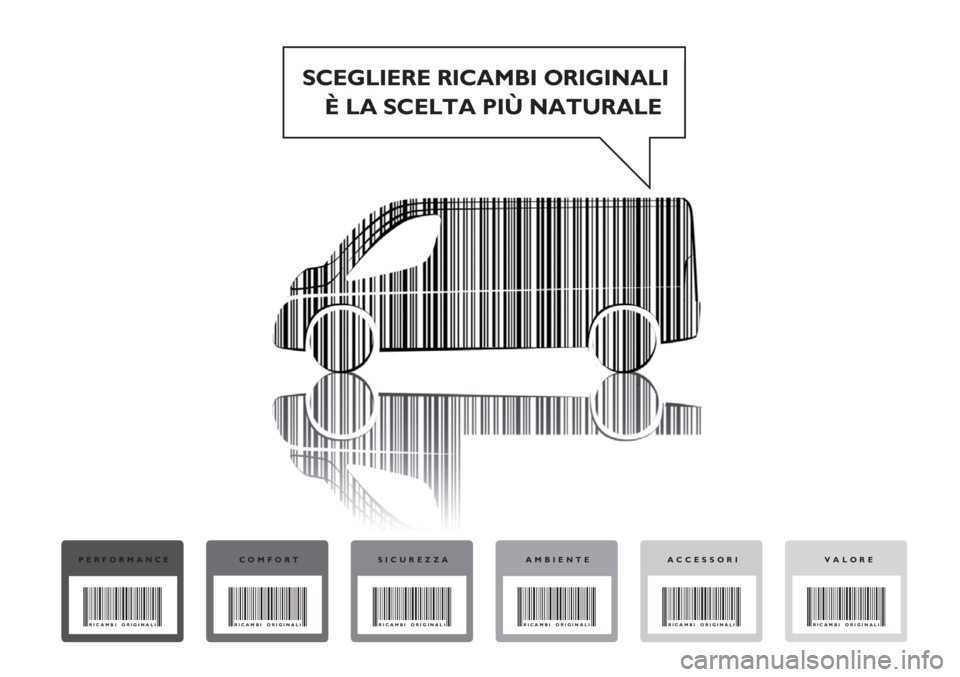 FIAT DUCATO 2011  Libretto Uso Manutenzione (in Italian) SCEGLIERE RICAMBI ORIGINALI
È LA SCELTA PIÙ NATURALE
PERFORMANCE
RICAMBI ORIGINALI
COMFORT
RICAMBI ORIGINALI
SICUREZZA
RICAMBI ORIGINALI
AMBIENTE
RICAMBI ORIGINALI
VALORE
RICAMBI ORIGINALI
ACCESSORI