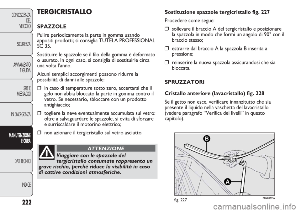 FIAT DUCATO 2011 Libretto Uso Manutenzione (in Italian) 222
CONOSCENZA
DEL
VEICOLO
SICUREZZA
AVVIAMENTO
E GUIDA
SPIE E
MESSAGGI
IN EMERGENZA
MANUTENZIONE
E CURA
DATI TECNICI
INDICE
F0N0137mfig. 227
Sostituzione spazzole tergicristallo fig. 227
Procedere co FIAT DUCATO 2011 Libretto Uso Manutenzione (in Italian) 222
CONOSCENZA
DEL
VEICOLO
SICUREZZA
AVVIAMENTO
E GUIDA
SPIE E
MESSAGGI
IN EMERGENZA
MANUTENZIONE
E CURA
DATI TECNICI
INDICE
F0N0137mfig. 227
Sostituzione spazzole tergicristallo fig. 227
Procedere co