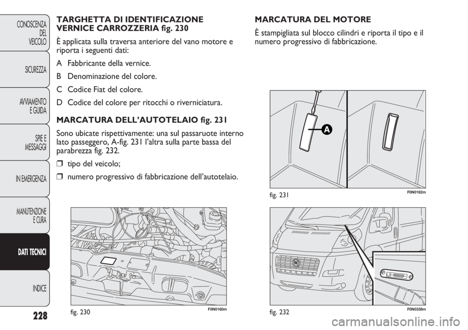FIAT DUCATO 2011 Libretto Uso Manutenzione (in Italian) 228
CONOSCENZA
DEL
VEICOLO
SICUREZZA
AVVIAMENTO
E GUIDA
SPIE E
MESSAGGI
IN EMERGENZA
MANUTENZIONE
E CURA
DATI TECNICI
INDICE
F0N0160mfig. 230F0N0338mfig. 232
F0N0162mfig. 231
MARCATURA DEL MOTORE
È s FIAT DUCATO 2011 Libretto Uso Manutenzione (in Italian) 228
CONOSCENZA
DEL
VEICOLO
SICUREZZA
AVVIAMENTO
E GUIDA
SPIE E
MESSAGGI
IN EMERGENZA
MANUTENZIONE
E CURA
DATI TECNICI
INDICE
F0N0160mfig. 230F0N0338mfig. 232
F0N0162mfig. 231
MARCATURA DEL MOTORE
È s