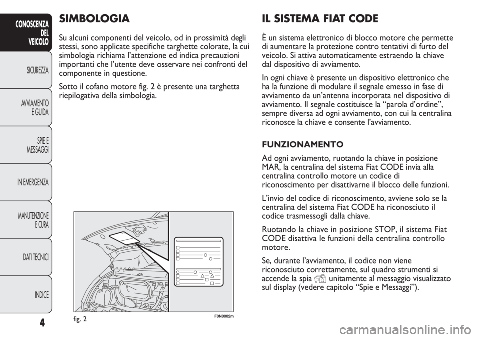 FIAT DUCATO 2011  Libretto Uso Manutenzione (in Italian) 4
CONOSCENZA
DEL
VEICOLO
SICUREZZA
AVVIAMENTO
E GUIDA
SPIE E
MESSAGGI
IN EMERGENZA
MANUTENZIONE
E CURA
DATI TECNICI
INDICE
F0N0002mfig. 2
IL SISTEMA FIAT CODE
È un sistema elettronico di blocco motor