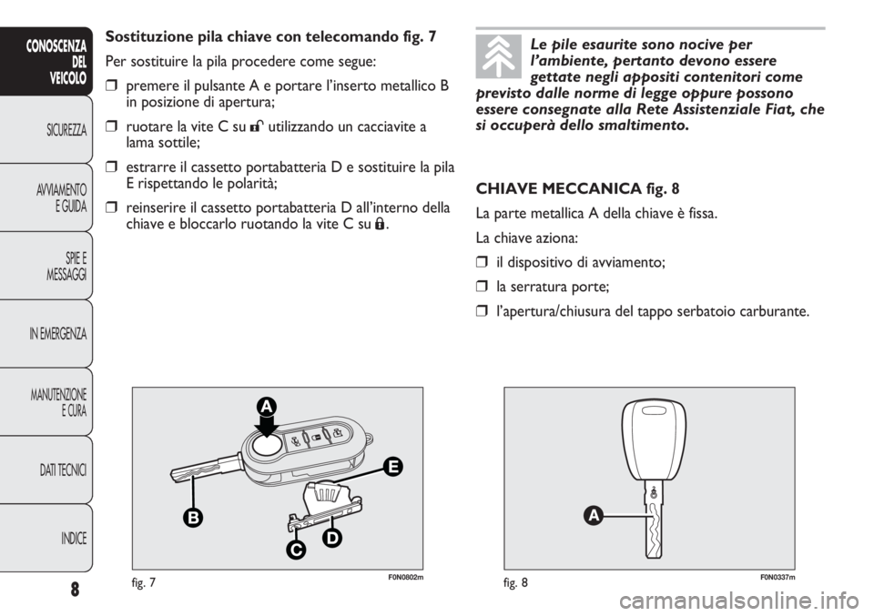 FIAT DUCATO 2012  Libretto Uso Manutenzione (in Italian) F0N0802mfig. 7F0N0337mfig. 8
CHIAVE MECCANICA fig. 8
La parte metallica A della chiave è fissa.
La chiave aziona:
❒il dispositivo di avviamento;
❒la serratura porte;
❒l’apertura/chiusura del 