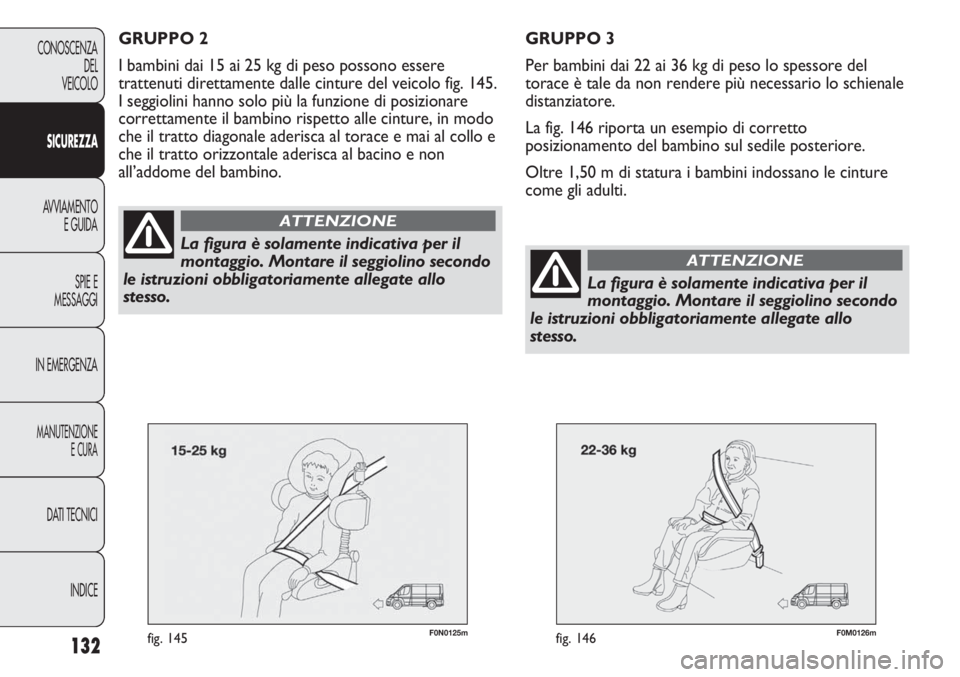 FIAT DUCATO 2013 Libretto Uso Manutenzione (in Italian) 132
CONOSCENZA
DEL
VEICOLO
SICUREZZA
AVVIAMENTO
E GUIDA
SPIE E
MESSAGGI
IN EMERGENZA
MANUTENZIONE
E CURA
DATI TECNICI
INDICE
F0N0125mfig. 145F0M0126mfig. 146
GRUPPO 3
Per bambini dai 22 ai 36 kg di pe FIAT DUCATO 2013 Libretto Uso Manutenzione (in Italian) 132
CONOSCENZA
DEL
VEICOLO
SICUREZZA
AVVIAMENTO
E GUIDA
SPIE E
MESSAGGI
IN EMERGENZA
MANUTENZIONE
E CURA
DATI TECNICI
INDICE
F0N0125mfig. 145F0M0126mfig. 146
GRUPPO 3
Per bambini dai 22 ai 36 kg di pe