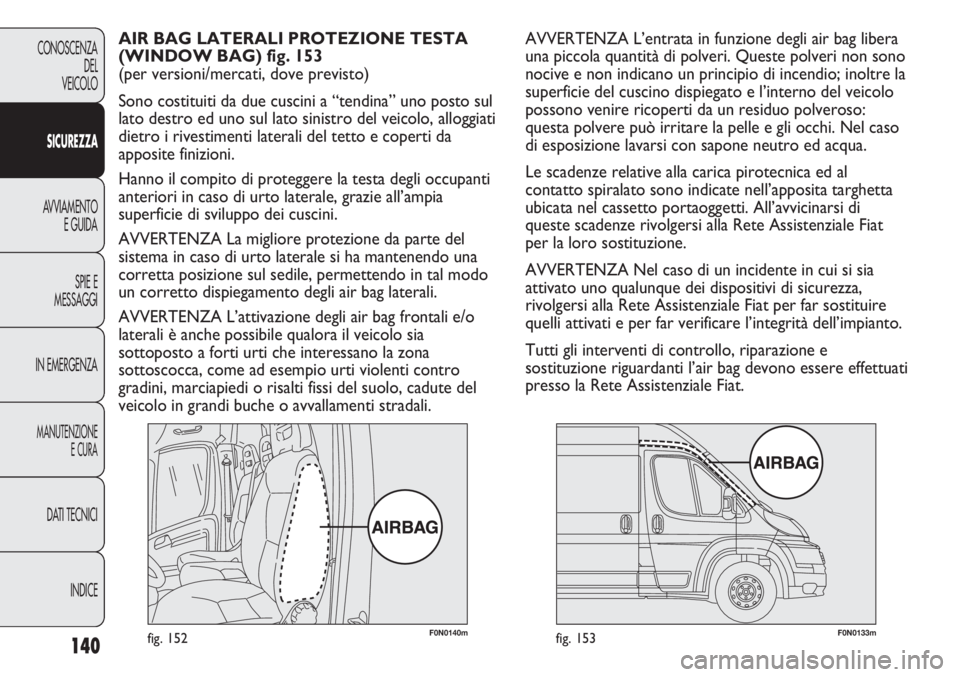 FIAT DUCATO 2012  Libretto Uso Manutenzione (in Italian) 140
CONOSCENZA
DEL
VEICOLO
SICUREZZA
AVVIAMENTO
E GUIDA
SPIE E
MESSAGGI
IN EMERGENZA
MANUTENZIONE
E CURA
DATI TECNICI
INDICE
F0N0140mfig. 152F0N0133mfig. 153
AVVERTENZA L’entrata in funzione degli a