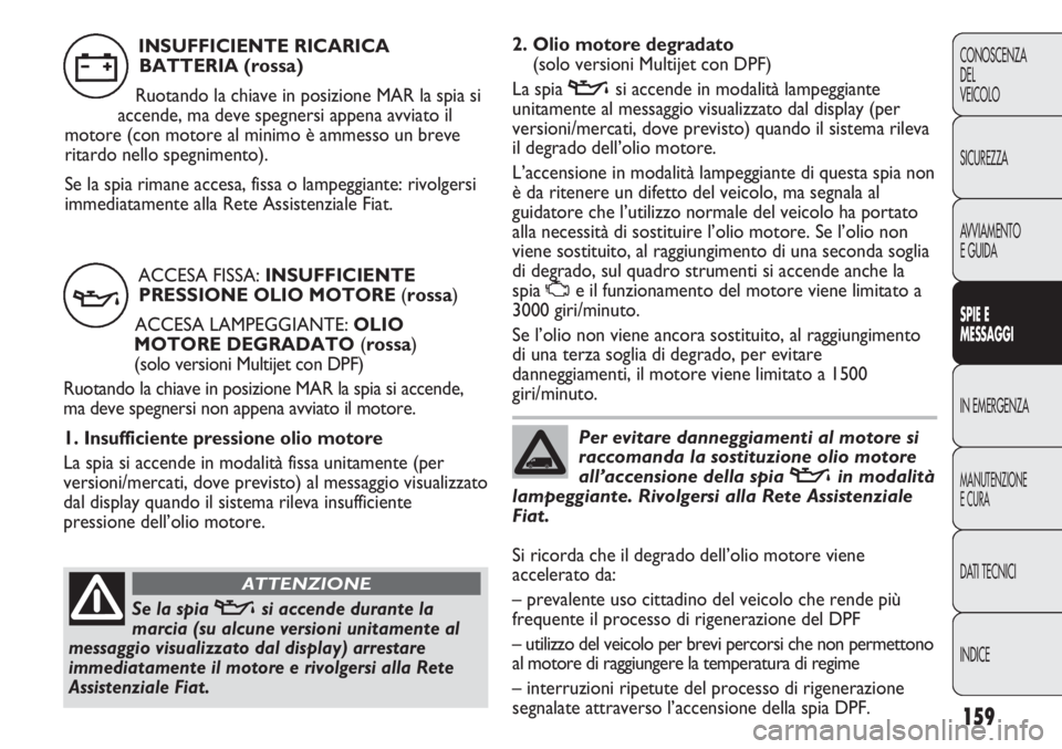 FIAT DUCATO 2013 Libretto Uso Manutenzione (in Italian) 159
CONOSCENZA
DEL
VEICOLO
SICUREZZA
AVVIAMENTO
E GUIDA
SPIE E
MESSAGGI
IN EMERGENZA
MANUTENZIONE
E CURA
DATI TECNICI
INDICE
2. Olio motore degradato
(solo versioni Multijet con DPF)
La spia vsi acce FIAT DUCATO 2013 Libretto Uso Manutenzione (in Italian) 159
CONOSCENZA
DEL
VEICOLO
SICUREZZA
AVVIAMENTO
E GUIDA
SPIE E
MESSAGGI
IN EMERGENZA
MANUTENZIONE
E CURA
DATI TECNICI
INDICE
2. Olio motore degradato
(solo versioni Multijet con DPF)
La spia vsi acce