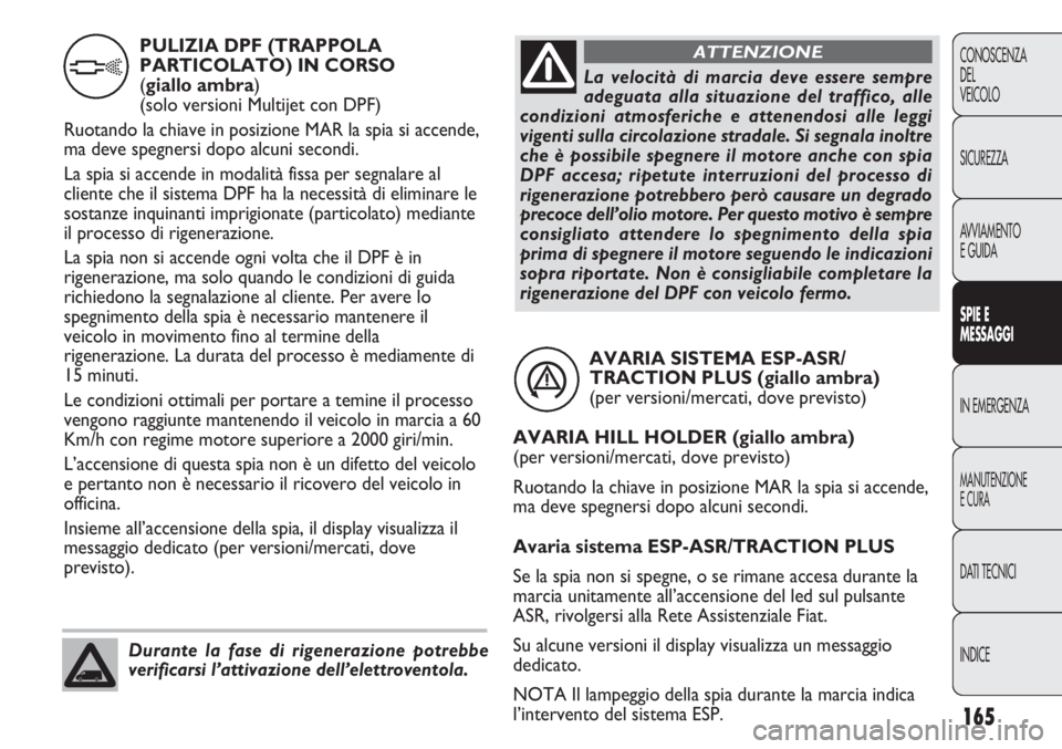 FIAT DUCATO 2013 Libretto Uso Manutenzione (in Italian) 165
CONOSCENZA
DEL
VEICOLO
SICUREZZA
AVVIAMENTO
E GUIDA
SPIE E
MESSAGGI
IN EMERGENZA
MANUTENZIONE
E CURA
DATI TECNICI
INDICE
AVARIA SISTEMA ESP-ASR/
TRACTION PLUS (giallo ambra)
(per versioni/mercati FIAT DUCATO 2013 Libretto Uso Manutenzione (in Italian) 165
CONOSCENZA
DEL
VEICOLO
SICUREZZA
AVVIAMENTO
E GUIDA
SPIE E
MESSAGGI
IN EMERGENZA
MANUTENZIONE
E CURA
DATI TECNICI
INDICE
AVARIA SISTEMA ESP-ASR/
TRACTION PLUS (giallo ambra)
(per versioni/mercati