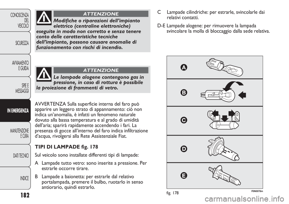 FIAT DUCATO 2013 Libretto Uso Manutenzione (in Italian) 182
CONOSCENZA
DEL
VEICOLO
SICUREZZA
AVVIAMENTO
E GUIDA
SPIE E
MESSAGGI
IN EMERGENZA
MANUTENZIONE
E CURA
DATI TECNICI
INDICE
F0N0078mfig. 178
Modifiche o riparazioni dell’impianto
elettrico (central FIAT DUCATO 2013 Libretto Uso Manutenzione (in Italian) 182
CONOSCENZA
DEL
VEICOLO
SICUREZZA
AVVIAMENTO
E GUIDA
SPIE E
MESSAGGI
IN EMERGENZA
MANUTENZIONE
E CURA
DATI TECNICI
INDICE
F0N0078mfig. 178
Modifiche o riparazioni dell’impianto
elettrico (central