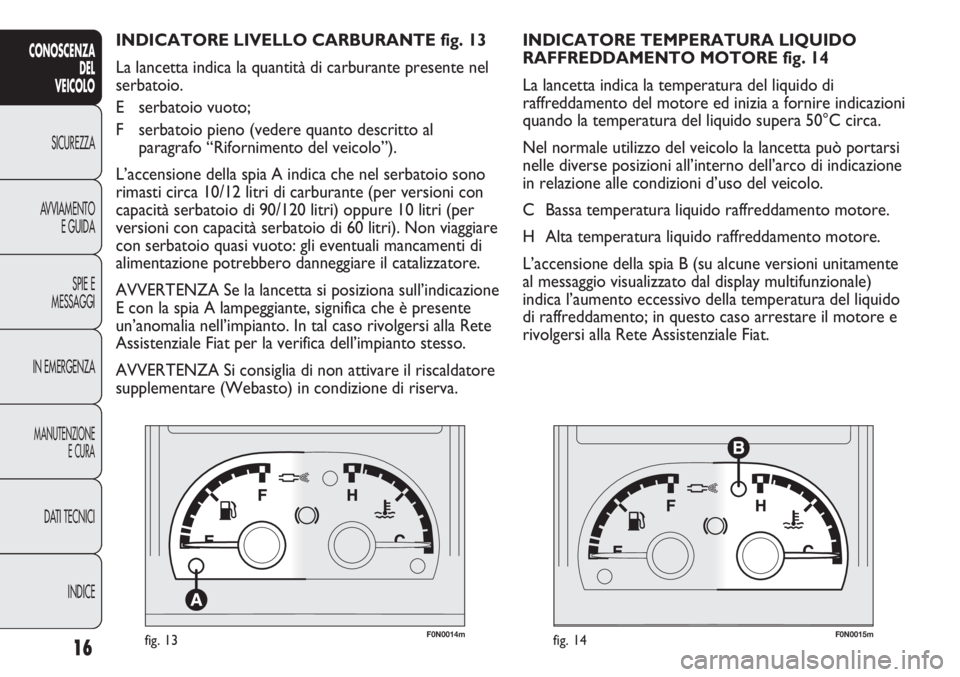 FIAT DUCATO 2012  Libretto Uso Manutenzione (in Italian) F0N0014mfig. 13F0N0015mfig. 14
INDICATORE TEMPERATURA LIQUIDO 
RAFFREDDAMENTO MOTORE fig. 14
La lancetta indica la temperatura del liquido di
raffreddamento del motore ed inizia a fornire indicazioni
