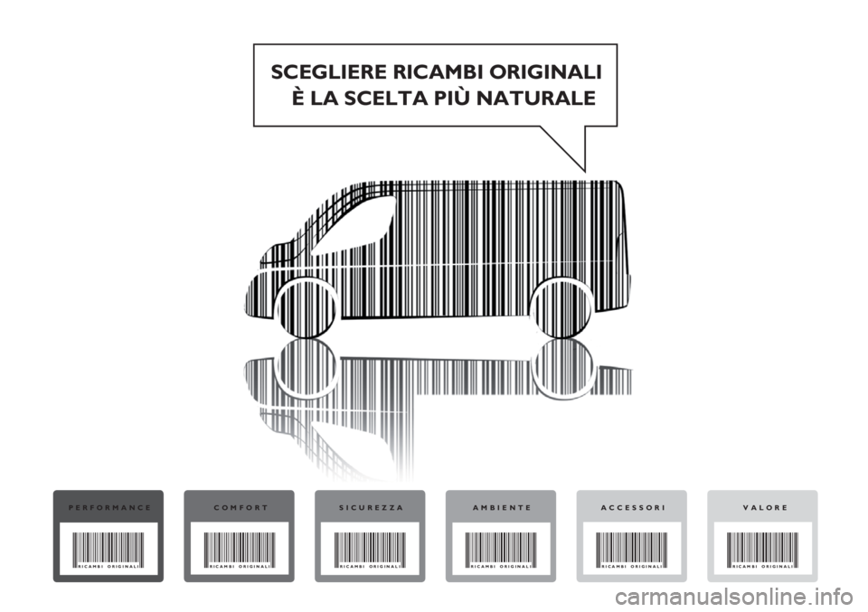 FIAT DUCATO 2013  Libretto Uso Manutenzione (in Italian) SCEGLIERE RICAMBI ORIGINALI
È LA SCELTA PIÙ NATURALE
PERFORMANCE
RICAMBI ORIGINALI
COMFORT
RICAMBI ORIGINALI
SICUREZZA
RICAMBI ORIGINALI
AMBIENTE
RICAMBI ORIGINALI
VALORE
RICAMBI ORIGINALI
ACCESSORI