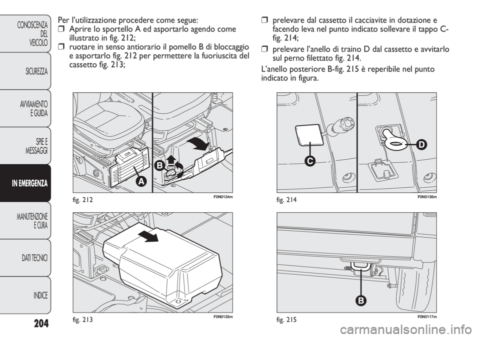FIAT DUCATO 2013  Libretto Uso Manutenzione (in Italian) 204
CONOSCENZA
DEL
VEICOLO
SICUREZZA
AVVIAMENTO
E GUIDA
SPIE E
MESSAGGI
IN EMERGENZA
MANUTENZIONE
E CURA
DATI TECNICI
INDICE
F0N0117mfig. 215F0N0135mfig. 213
F0N0136mfig. 214
❒prelevare dal cassetto