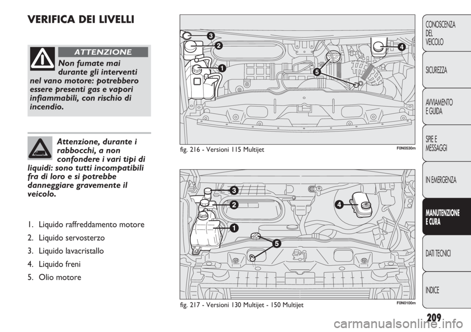 FIAT DUCATO 2013 Libretto Uso Manutenzione (in Italian) 209
CONOSCENZA
DEL
VEICOLO
SICUREZZA
AVVIAMENTO
E GUIDA
SPIE E
MESSAGGI
IN EMERGENZA
MANUTENZIONE
E CURA
DATI TECNICI
INDICE
Attenzione, durante i
rabbocchi, a non
confondere i vari tipi di
liquidi: s FIAT DUCATO 2013 Libretto Uso Manutenzione (in Italian) 209
CONOSCENZA
DEL
VEICOLO
SICUREZZA
AVVIAMENTO
E GUIDA
SPIE E
MESSAGGI
IN EMERGENZA
MANUTENZIONE
E CURA
DATI TECNICI
INDICE
Attenzione, durante i
rabbocchi, a non
confondere i vari tipi di
liquidi: s